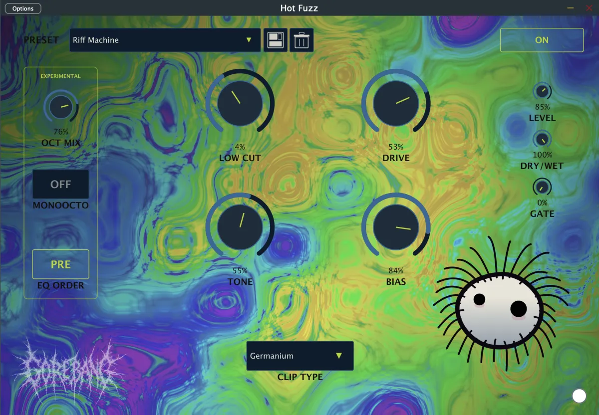 The Hot Fuzz plugin window: Low Cut, Drive, Tone and Bias knobs over a swirling green-and-purple background, an Experimental octave section on the left, Level, Dry/Wet and Gate on the right, and the fuzzy mascot.